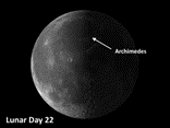 Moon crater Archimedes is a magnificent sight with shadow spires stretching across its internal plains